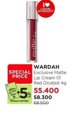 Wardah Exclusive Matte Lip Cream 4 gr Diskon 14%, Harga Promo Rp58.300, Harga Normal Rp68.500, Khusus Member Rp. 55.400, Khusus Member