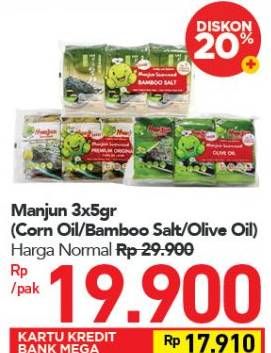 Promo Harga MANJUN Seaweed Corn Oil Laver, Olive Oil, Bamboo Salt per 3 pcs 4 gr - Carrefour