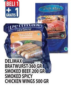 Promo Harga DELIMAX Bratwurst 360gr, Smoked Beef 200gr, Smoked Spicy Chicken WIngs 500gr  - Hypermart
