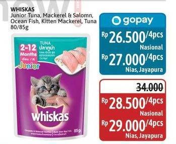 Promo Harga Whiskas Makanan Kucing Junior Tuna, Kitten Mackerel, Mackerel Salmon, Tuna Ocean Fish 85 gr - Alfamidi
