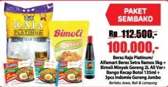 Promo Harga Paket Sembako (RAJA Beras 5kg + BANGO Kecap Manis 135ml + BIMOLI Minyak Goreng 2ltr + INDOMIE Mie Goreng Jumbo 3s)  - Alfamart