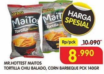 Promo Harga MR HOTTEST Maitos Tortilla Chips Chilli Balado, Corn BBQ 140 gr - Superindo
