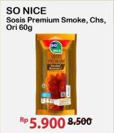 Promo Harga So Nice Sosis Siap Makan Premium Smoked Bratwurst, Keju, Original 60 gr - Alfamart