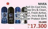 Promo Harga NIVEA MEN Deo Roll On Cool Kick, Deep Dry Clean, Dry Impact, Invisible Fresh, Invisible Black White 50 ml - Alfamidi