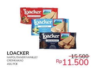 Promo Harga Loacker Wafer Napolitaner, Vanilla, Cream Cacao 45 gr - Indomaret