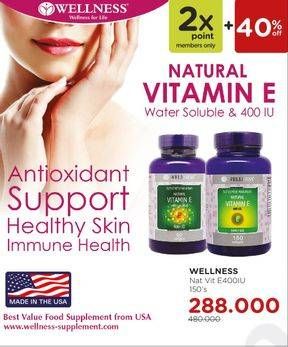 Promo Harga WELLNESS Natural Vitamin E-400 I.U 180 pcs - Watsons