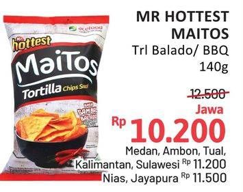 Promo Harga Mr Hottest Maitos Tortilla Chips Jagung BBQ, Sambal Balado 140 gr - Alfamidi