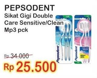 Promo Harga PEPSODENT Sikat Gigi Double Care Sensitive Soft, Clean Medium, Ultra Sensitive Soft 3 pcs - Indomaret