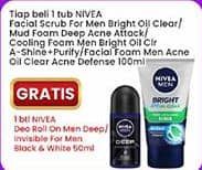 Promo Harga Nivea Men Facial Foam Bright Oil Clear Pore Minimizing Scrub, Deep Acne Attack, White Oil Clear Anti-Shine + Purify, Acne Defense 100 ml - Indomaret