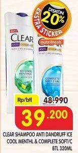 Promo Harga CLEAR Shampoo Anti Dandruff, Ice Cool Menthol, Complete Soft Care 320 ml - Superindo