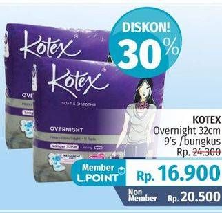 Promo Harga KOTEX Soft & Smooth Overnight Wing 32cm 9 pcs - LotteMart