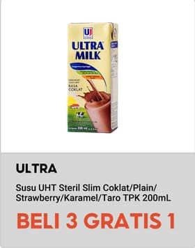 Promo Harga Ultra Milk Susu UHT Coklat, Full Cream, Stroberi, Karamel, Taro 200 ml - Indomaret
