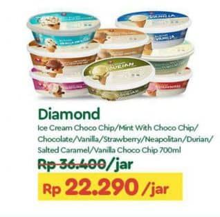 Promo Harga Diamond Ice Cream Mint With Chocolate Chip, Cokelat, Vanila, Stroberi, Neapolitan, Durian, Salted Caramel, Vanilla With Chocolate Chip, Chocolate With Chocolate Chip 700 ml - TIP TOP