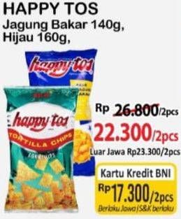 Promo Harga Happy Tos Tortilla Chips Jagung Bakar/Roasted Corn, Hijau 140 gr - Alfamart