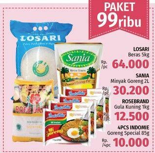 Promo Harga Paket 99rb (Losari Beras + Sania Minyak Goreng + Rose Brand Gula Kuning + 4pc Indomie)  - LotteMart