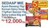 Promo Harga SEDAAP Mie Ayam Bawang 70g/ Korean Spicy Soup 77g/ Kari Spesial 75g/ Spicy Laksa 83g 5pcs  - Indomaret