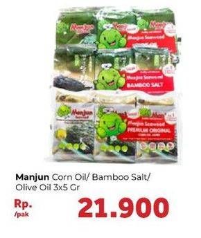 Promo Harga MANJUN Seaweed Olive Oil, Bamboo Salt, Corn Oil Laver per 3 pcs 4 gr - Carrefour