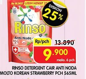 Promo Harga Rinso Liquid Detergent + Molto Korean Strawberry 565 ml - Superindo