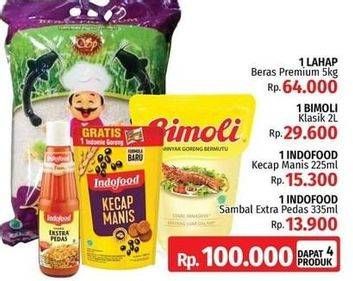 Promo Harga LAHAP Premium 5Kg + INDOFOOD Kecap Manis 225ml + BIMOLI Minyak Goreng 2Ltr + INDOFOOD Sambal Extra Pedas 335ml  - LotteMart