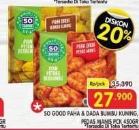 Promo Harga So Good Ayam Potong Paha Dada Berbumbu Kuning, Berbumbu Pedas Manis 450 gr - Superindo