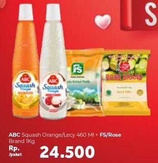 Promo Harga ABC Squash Orange/Leci 460ml + FS/ROSE BRAND Gula 1kg  - Carrefour