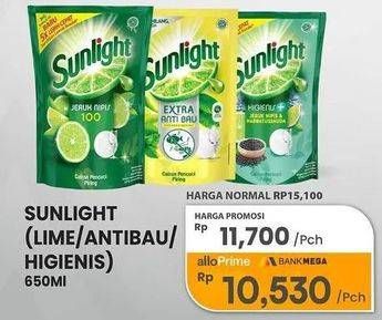 Promo Harga Sunlight Pencuci Piring Jeruk Nipis 100, Anti Bau With Daun Mint, Higienis Plus With Habbatussauda 650 ml - Carrefour
