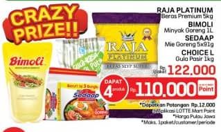 Promo Harga Raja Platinum Beras + Bimoli Minyak Goreng + Sedaap Mie Goreng + Choice L Gula Pasir  - LotteMart