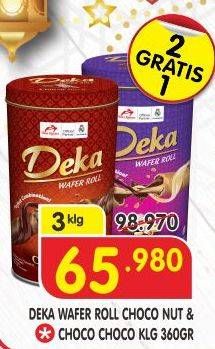 Promo Harga DUA KELINCI Deka Wafer Roll Choco Nut, Choco per 3 kaleng 360 gr - Superindo