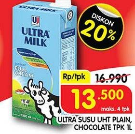 Promo Harga ULTRA MILK Susu UHT Full Cream, Coklat 1000 ml - Superindo