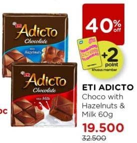 Promo Harga ETI Adicto Chocolate Hazelnut, Milk 60 gr - Watsons