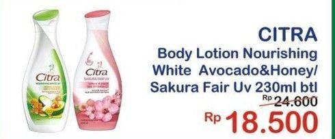 Promo Harga CITRA Hand & Body Lotion Nourishing White UV Avocado Honey, Sakura Fair UV Sakura Peach 230 ml - Indomaret