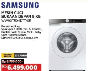 Samsung WW90T504DTT/SE  Diskon 33%, Harga Promo Rp6.499.000, Harga Normal Rp9.799.000, Spesifikasi :
- Kapasitas : 9 Kg
- Spin Speed 1400 rpm
- Al Control
- Bubble Soak
- Steam
- VRT+
- Baby Care Hygiene Steam
- Dimensi : 59,5 x 53,5 x 84,5 cm
- Garansi Motor 20 Tahun