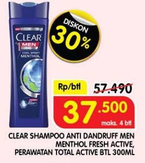 Promo Harga Clear Men Shampoo Active Clean, Total Active 300 ml - Superindo