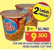 Promo Harga INDOMIE POP MIE Instan Kuah Pedes Dower Ayam, Goreng Pedes Gledeek Ayam per 2 pcs 75 gr - Superindo