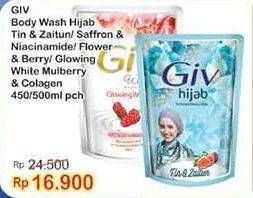 Promo Harga GIV Body Wash Hijab Tin Zaitun, Saffron Niacinamide, Passion Flowers Sweet Berry, Glow White, Mulberry Collagen, Mulbery Colagen 400 ml - Indomaret