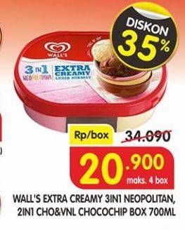 Promo Harga WALLS Ice Cream Neopolitana, Chocolate Vanilla With Chocolate Chip 700 ml - Superindo