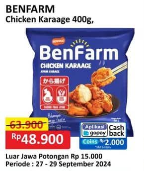 Benfarm Chicken Karaage 400 gr Diskon 23%, Harga Promo Rp48.900, Harga Normal Rp63.900, Luar Jawa Potongan Rp. 15.000, Cashback Rp2.000 dengan GOPAY min transaksi Rp15.000