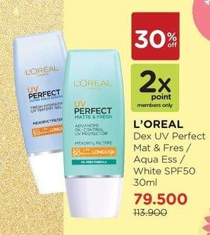 Promo Harga LOREAL Dex UV Perfect Matte Fresh SPF50, Aqua Ess SPF50, White SPF50 30 ml - Watsons