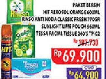 Paket Bersih (Hit Aerosol Orange 600ml, Rinso Noda Classic Fresh 770gr, Sunlight Lime Pouch 560ml, Tessa Facial Tissue 260'S TP 02)