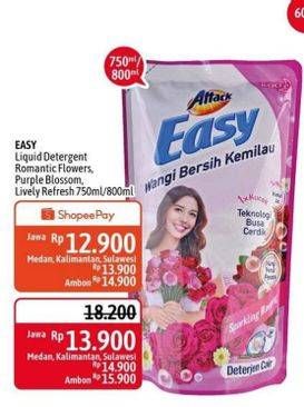 Promo Harga ATTACK Easy Detergent Liquid Lively Energetic, Purple Blossom, Romantic Flowers 750 ml - Alfamidi