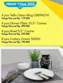 Promo Harga Tallin Glass Mug + Dinner Plate + Bowl + Cutlery Green  - Carrefour