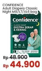 Confidence Adult Classic Night Ekstra Serap & Kering 6 pcs Diskon 8%, Harga Promo Rp44.900, Harga Normal Rp48.900, Extra Potongan Rp5.000 Dengan Kartu Kredit Mandiri min Transaksi Rp150.000