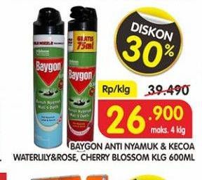 Promo Harga BAYGON Insektisida Spray Water Lily Rose, Cherry Blossom 600 ml - Superindo