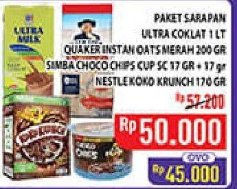 Paket Sarapan (Ultra Coklat 1 Lt, Quaker Instan Oats Merah 200gr, Samba Choco Chips Cup Sc 17Gr + 17gr, Nestle Koko Krunch 170 Gr)