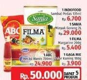 Promo Harga INDOFOOD Sambal 135ml +SANIA Minyak Goreng 2ltr + GAGA Mie Telor 180gr + ABC Kecap Manis 700ml  - LotteMart