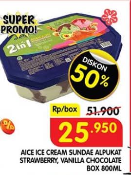 Promo Harga Aice Sundae Alpukat Strawberry, Vanilla Chocolate 800 ml - Superindo