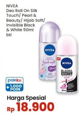 Promo Harga Nivea Deo Roll On Whitening Silk Touch, Pearl Beauty, Bright Hijab Soft, Black White Invisible Clear 50 ml - Indomaret