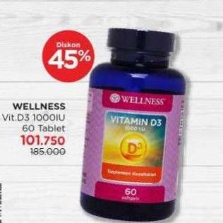 Promo Harga Wellness Vitamin D3 1000IU 60 pcs - Watsons