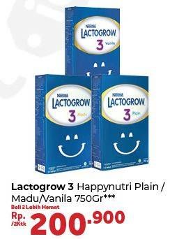 Promo Harga LACTOGROW 3 Susu Pertumbuhan Plain, Madu, Vanila per 2 box 750 gr - Carrefour