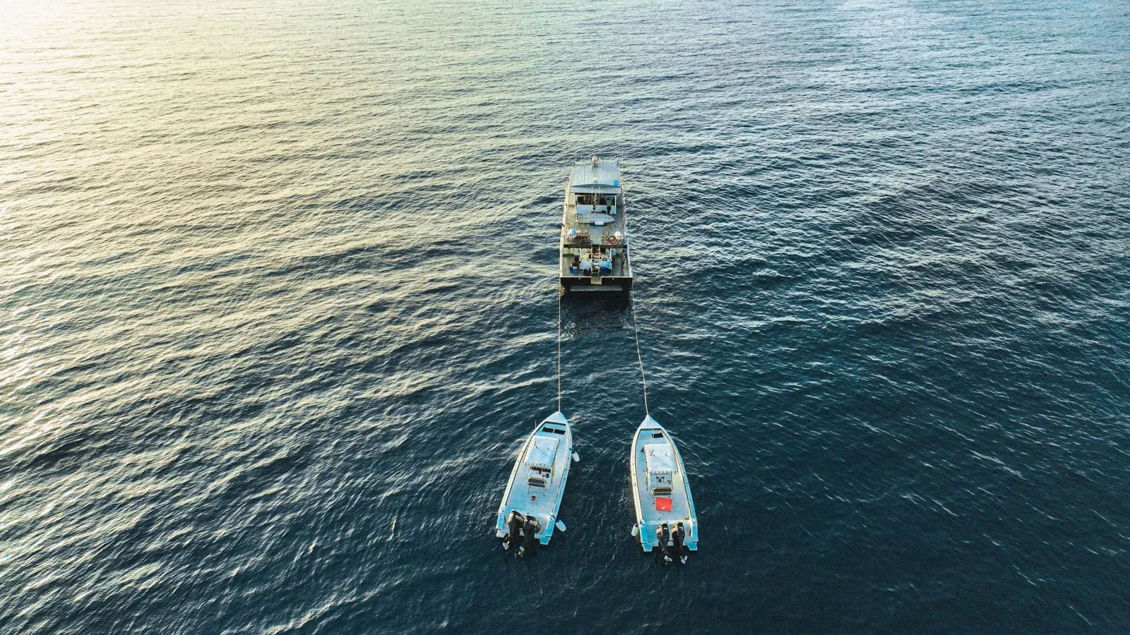Aerial view of the twin sportfisher boats with their outboards raised